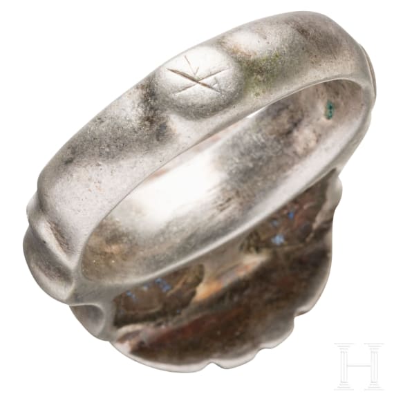 A southeastern European late Byzantine silver ring of a nobleman, 13th - 14th century