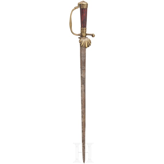 Ge&auml;tzter und goldtauschierter Hirschf&auml;nger mit Schildpattgriff, deutsch, datiert 1725