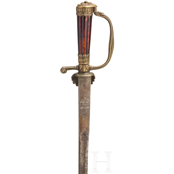 Ge&auml;tzter und goldtauschierter Hirschf&auml;nger mit Schildpattgriff, deutsch, datiert 1725