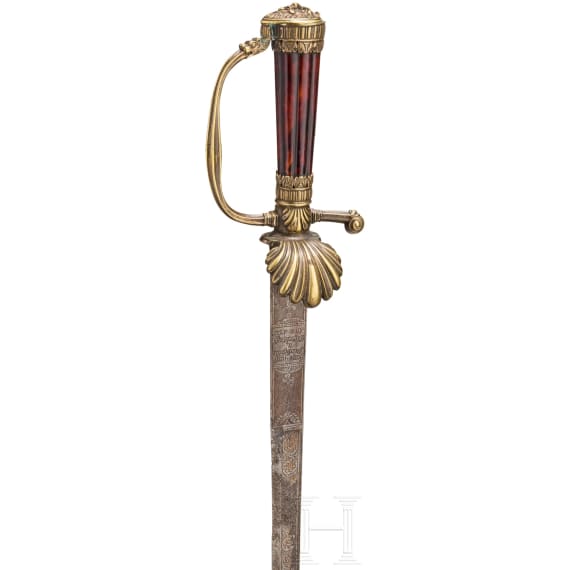 Ge&auml;tzter und goldtauschierter Hirschf&auml;nger mit Schildpattgriff, deutsch, datiert 1725