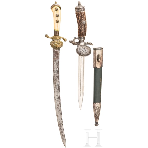 Jagdplaute mit Elfenbeingriff und Hirschf&auml;nger, deutsch, 18. und 20. Jhdt.