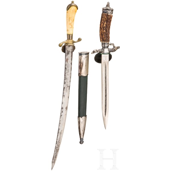 Jagdplaute mit Elfenbeingriff und Hirschf&auml;nger, deutsch, 18. und 20. Jhdt.