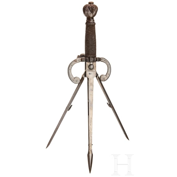 Linkhanddolch mit Springklinge, hochwertige Sammleranfertigung im Stil des 16. Jhdts.