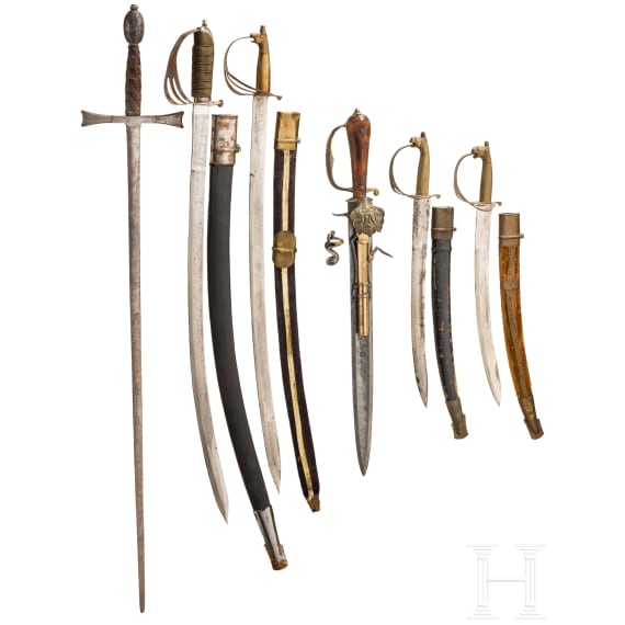 Sechs europ&auml;ische Blankwaffen, Historismus und moderne Repliken, 19./2. H&auml;lfte 20. Jhdts.