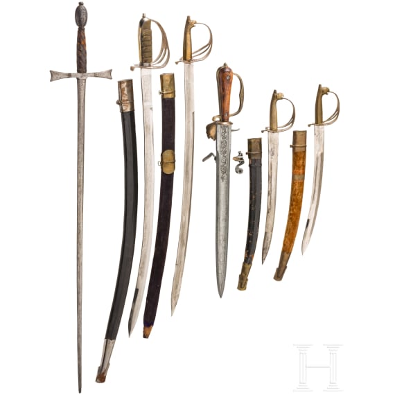 Sechs europ&auml;ische Blankwaffen, Historismus und moderne Repliken, 19./2. H&auml;lfte 20. Jhdts.