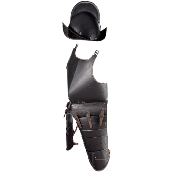 Knechtischer Harnisch, Sammleranfertigung unter Anwendung eines originalen Morions, deutsch, um 1570