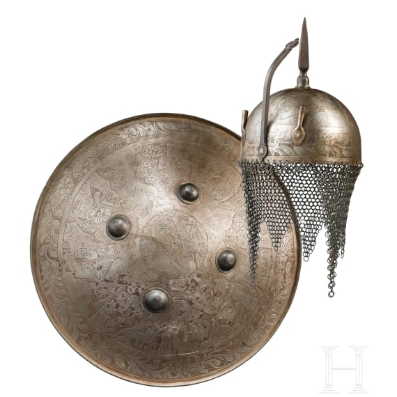 Ge&auml;tzter Kulah Khud und Eisenschild, Indien, 20. Jhdt.