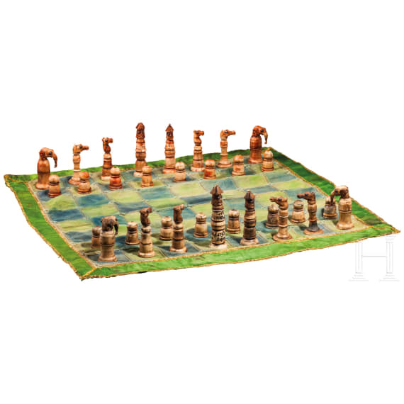 Schachspiel aus Bein mit Spieltuch, Salumbar, Mewar, datiert 1874