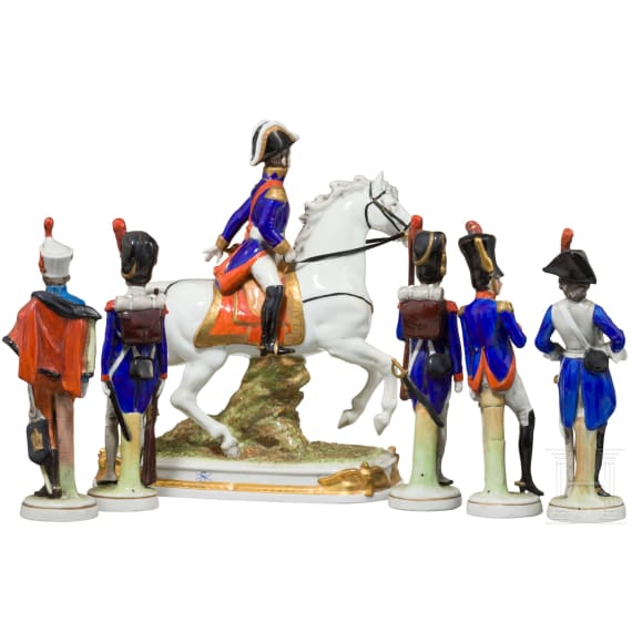 Sechs Porzellanfiguren von Soldaten der Napoleonischen Kriege, Scheibe-Alsbach, 20. Jhdt.