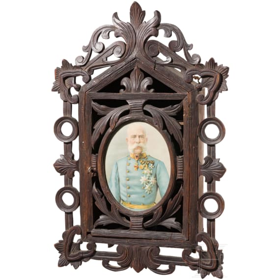 Kaiser Franz Joseph I. - holzgeschnitztes Wandk&auml;stchen mit Kaiserportrait