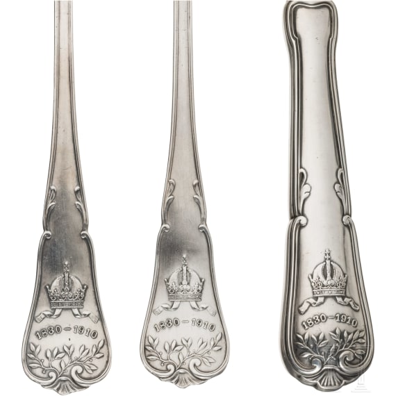 Kaiser-Huldigungs-Festschie&szlig;en der nieder&ouml;sterr. Sch&uuml;tzenvereine 1910 - dreiteiliges Silberbesteck in Etui als Ehrenpreis
