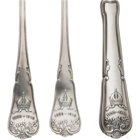 Kaiser-Huldigungs-Festschie&szlig;en der nieder&ouml;sterr. Sch&uuml;tzenvereine 1910 - dreiteiliges Silberbesteck in Etui als Ehrenpreis