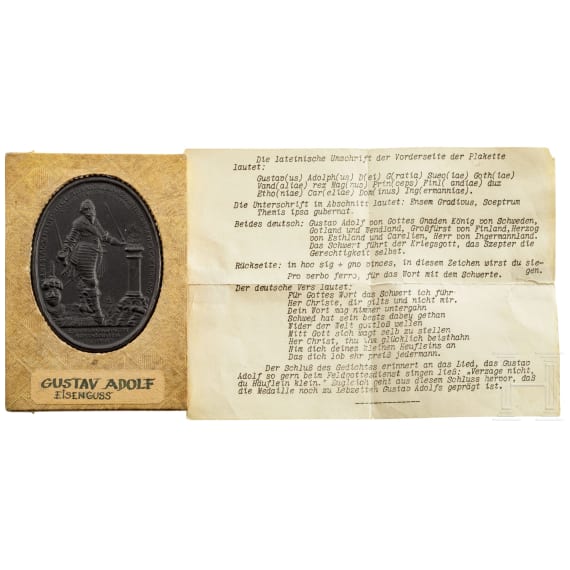 Gusseiserne Plakette mit Darstellung K&ouml;nig Gustav Adolfs, F&uuml;rth, 1932