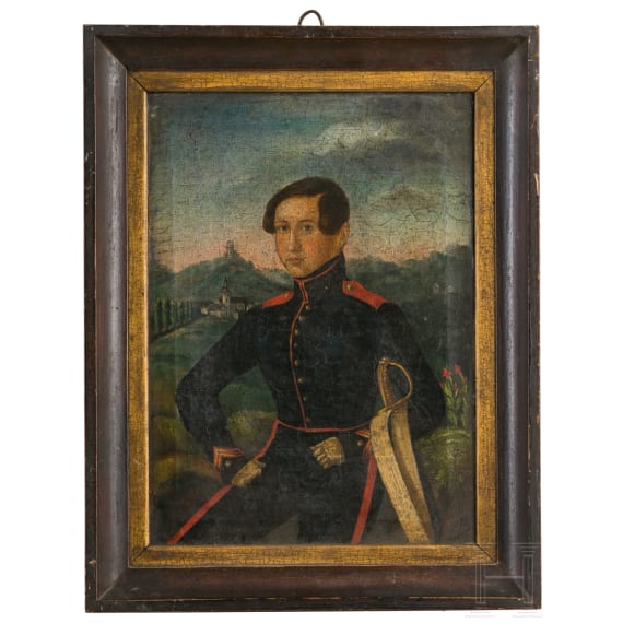 Portrait eines badischen Soldaten vor der Burg Staufen, um 1850