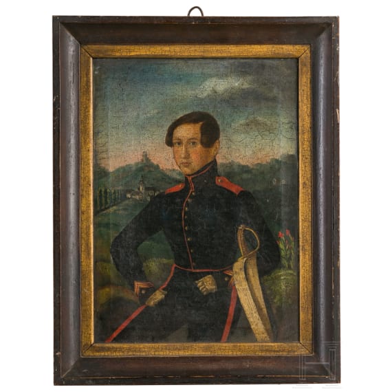 Portrait eines badischen Soldaten vor der Burg Staufen, um 1850