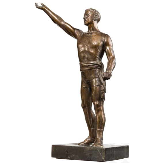 Bronzierte Figur eines Sportlers sowie zwei Holzschnitzereien Jagd, deutsch, Anfang 20. Jhdt.