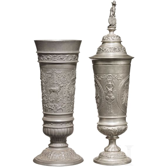 Zwei Sch&uuml;tzenpokale aus Zinn, deutsch/&Ouml;sterreich, 19. Jhdt.
