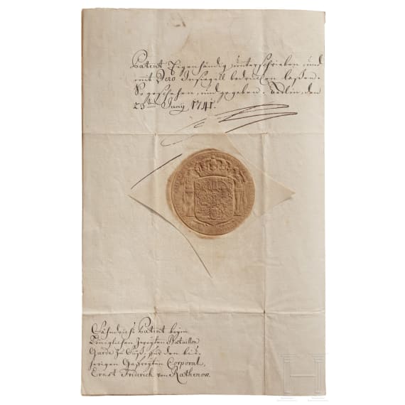 K&ouml;nig Friedrich II. - Patent f&uuml;r den F&auml;hnrich Ernst Friedrich von Rathenow vom 23.6.1741