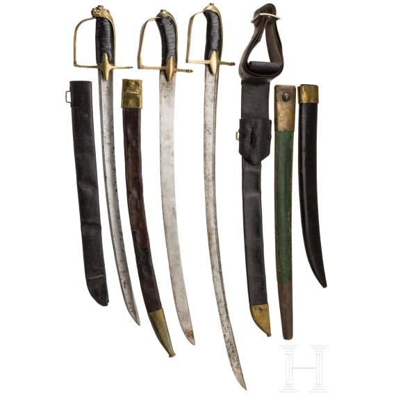 Three southern German infantry sabres and four scabbards, 18th/19th century