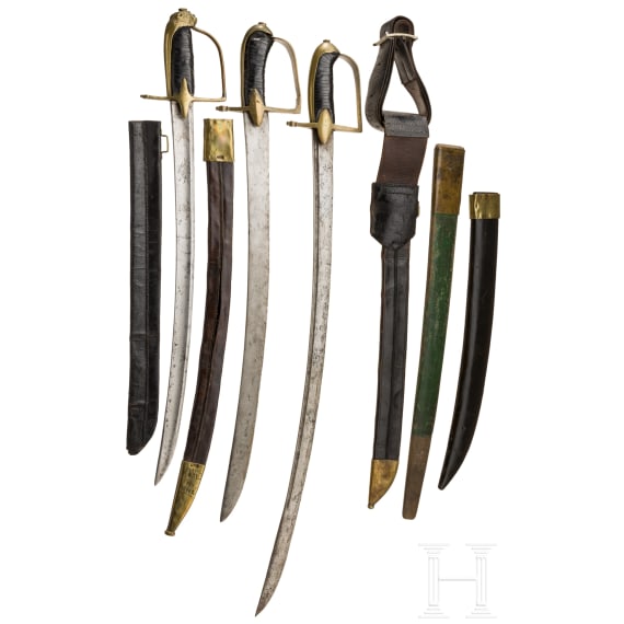 Three southern German infantry sabres and four scabbards, 18th/19th century
