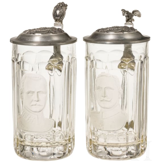 Two glass mugs with portraits of rulers, World War I
