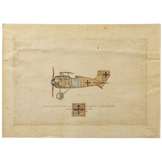 Ernst Udet - Zeichnung einer "Siemens-Schuckert D. III der Kaiserlich Deutschen Luftstreitkr&auml;fte - Jagdstaffel 4 Metz 1918", datiert und signiert 1926