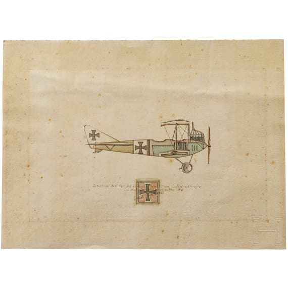 Ernst Udet - Zeichnung einer "Albatros B.II der Kaiserlich Deutschen Luftstreitkr&auml;fte - Ostdeutsche Albatros-Werke 1916", datiert und signiert 1922