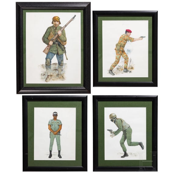 Five original gouaches of uniforms, 20th century