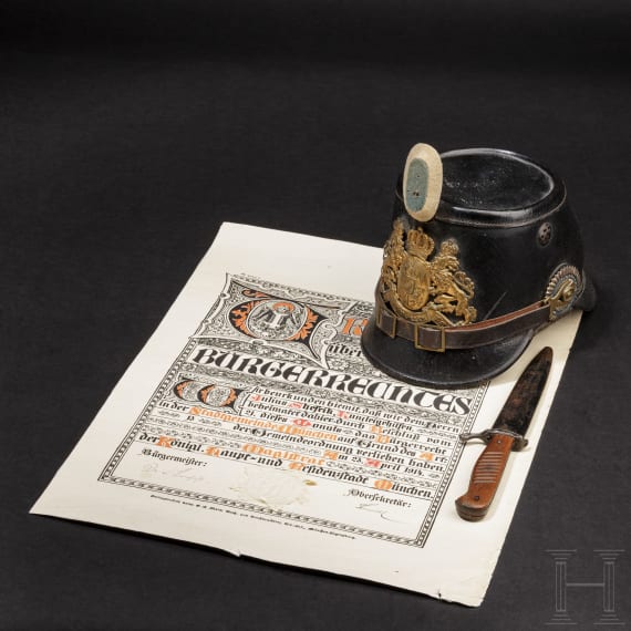 A Bavarian shako M 1895 for J&auml;ger, a dagger and three documents