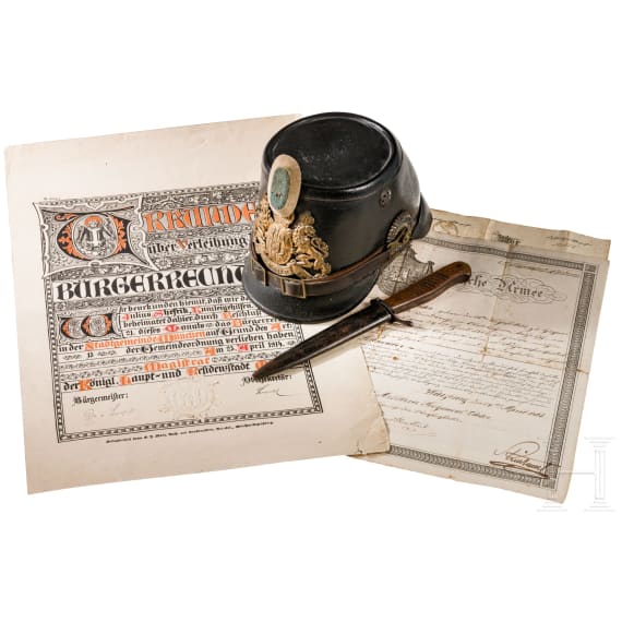 A Bavarian shako M 1895 for J&auml;ger, a dagger and three documents