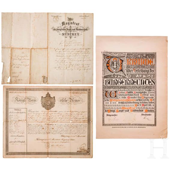 A Bavarian shako M 1895 for J&auml;ger, a dagger and three documents