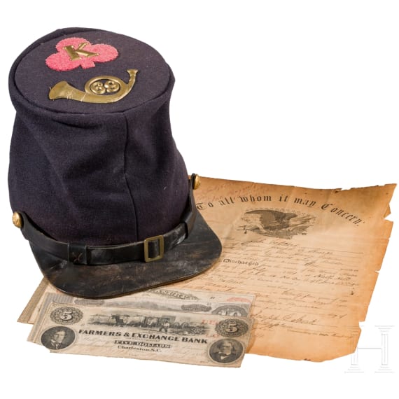 American Civil War cap (copy), one certificate and four old dollar bills