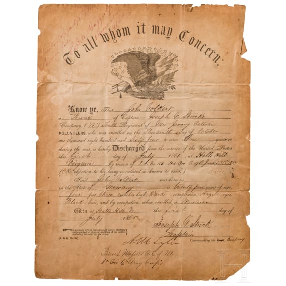 American Civil War cap (copy), one certificate and four old dollar bills