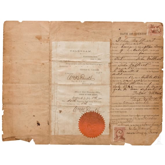 American Civil War cap (copy), one certificate and four old dollar bills