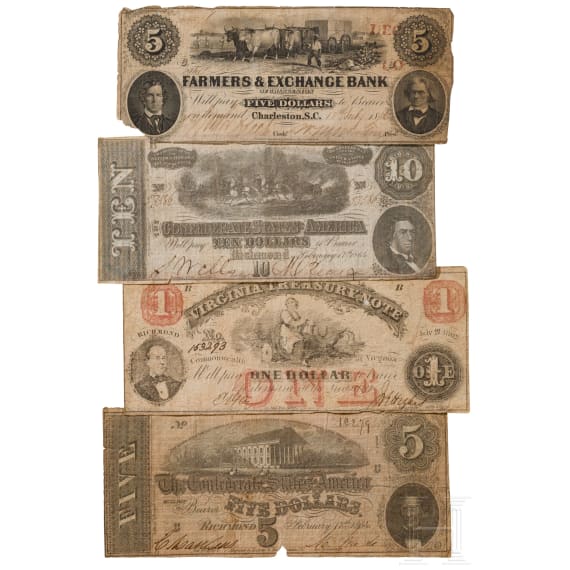 American Civil War cap (copy), one certificate and four old dollar bills