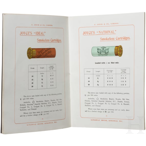 F. Joyce & Co., London "Amunition Price List", 1909/10