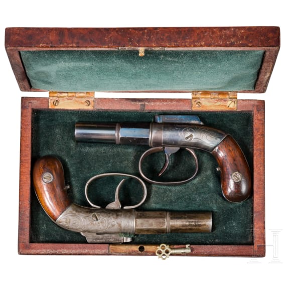 Ein Paar Allen & Thurber D.A. Bar Hammer Pistols im Kasten, USA, um 1850