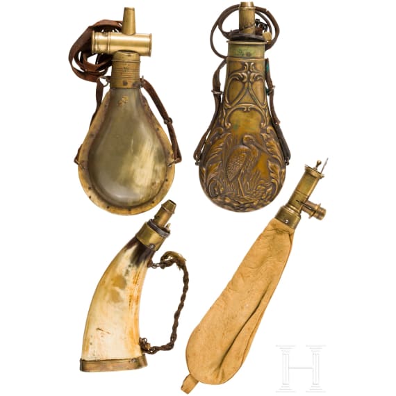 Drei Pulverflaschen und ein Schrotbeutel, deutsch, 18./19. Jhdt.