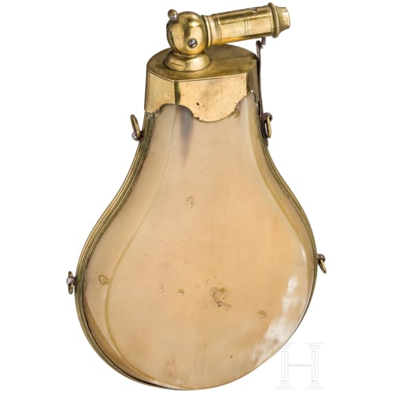 Gro&szlig;e Pulverflasche aus Horn, deutsch/Frankreich, Mitte 19. Jhdt.