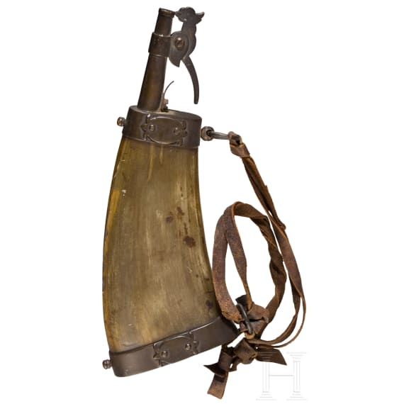 Pulverflasche mit erotischen Gravuren, deutsch, 19. Jhdt.