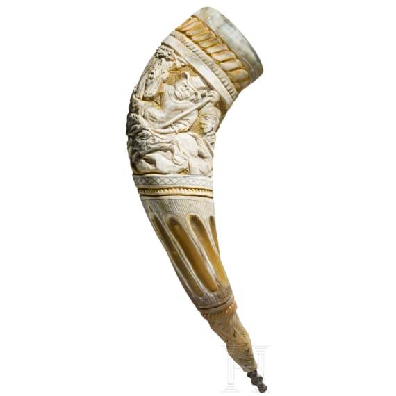 Geschnitztes Pulverhorn, deutscher Historismus, 19. Jhdt.