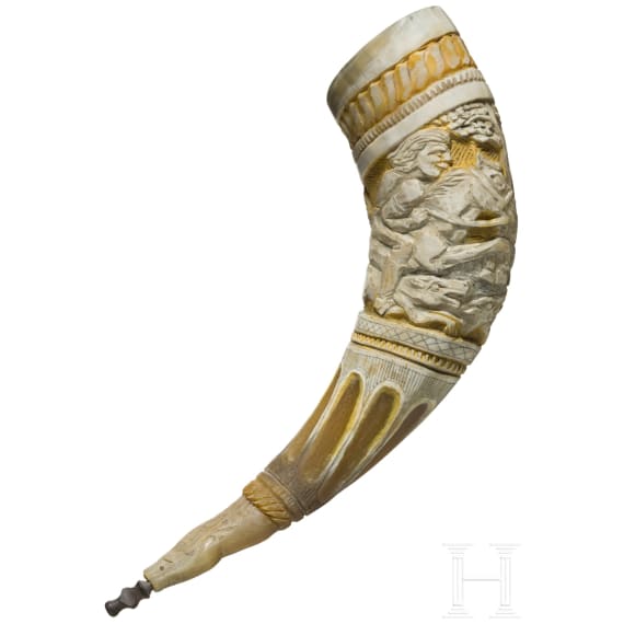 Geschnitztes Pulverhorn, deutscher Historismus, 19. Jhdt.