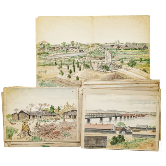 More than 60 watercolors of the attacks on Shanghai and Nanjing by the official Japanese artist (三橋武顕) accompanying the invasion army in China