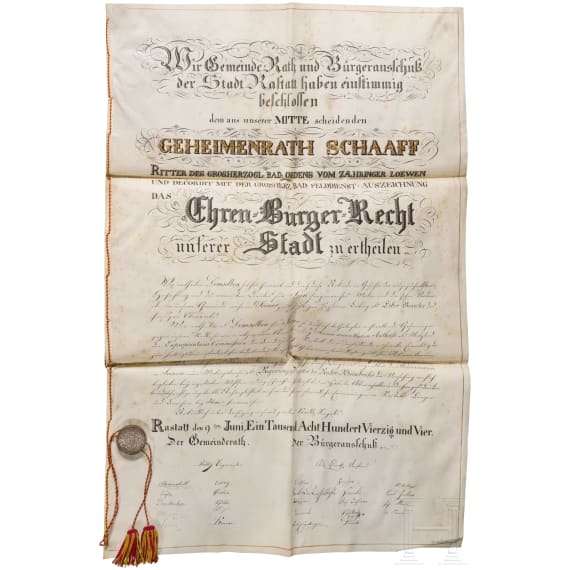 Privy Councillor Friedrich Theodor Schaaff - Honorary Citizenship Certificate of the City of Rastatt 1844