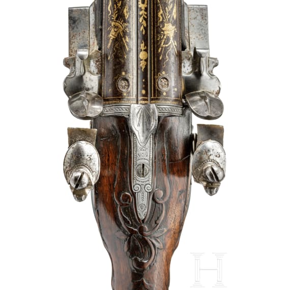 A gold-damascened flintlock side-by-side shotgun by Toupriant, Paris, circa 1770