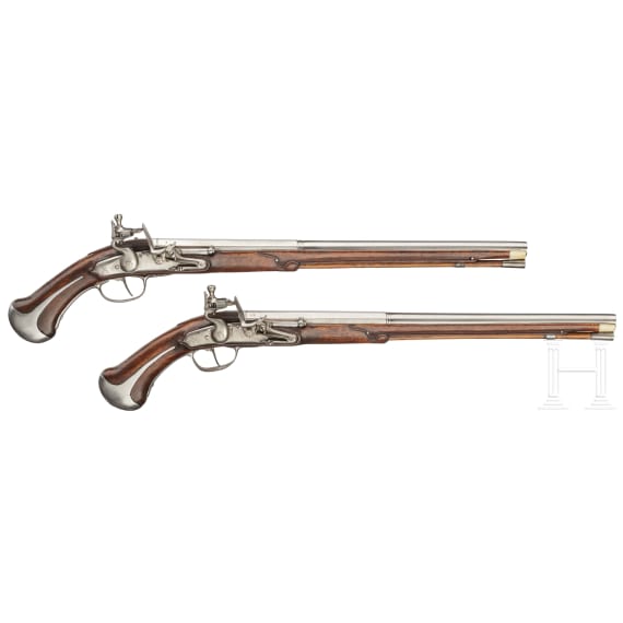 A rare pair of flintlock holster pistols made for superimposed loads, from the armoury of the Princes of Salm-Reifferscheidt-Dyck, northern German or Dutch, circa 1660