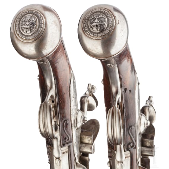 A pair of German over-and-under flintlock pistols, circa 1690/1700