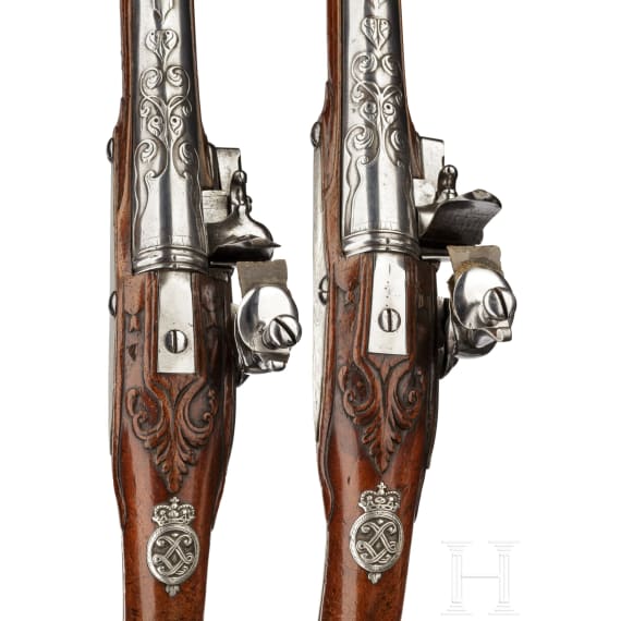A pair of flintlock pistols from the armoury of Ernest Louis, Landgrave of Hesse-Darmstadt (1667 - 1739), Friedrich Osterman in Copenhagen, circa 1700
