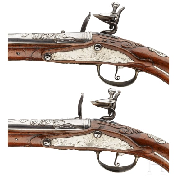 A pair of flintlock pistols from the armoury of Ernest Louis, Landgrave of Hesse-Darmstadt (1667 - 1739), Friedrich Osterman in Copenhagen, circa 1700