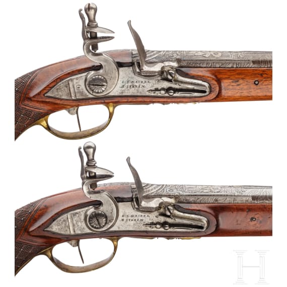 A pair of flintlock pistols, Meckel in Schwerin, circa 1730 and later